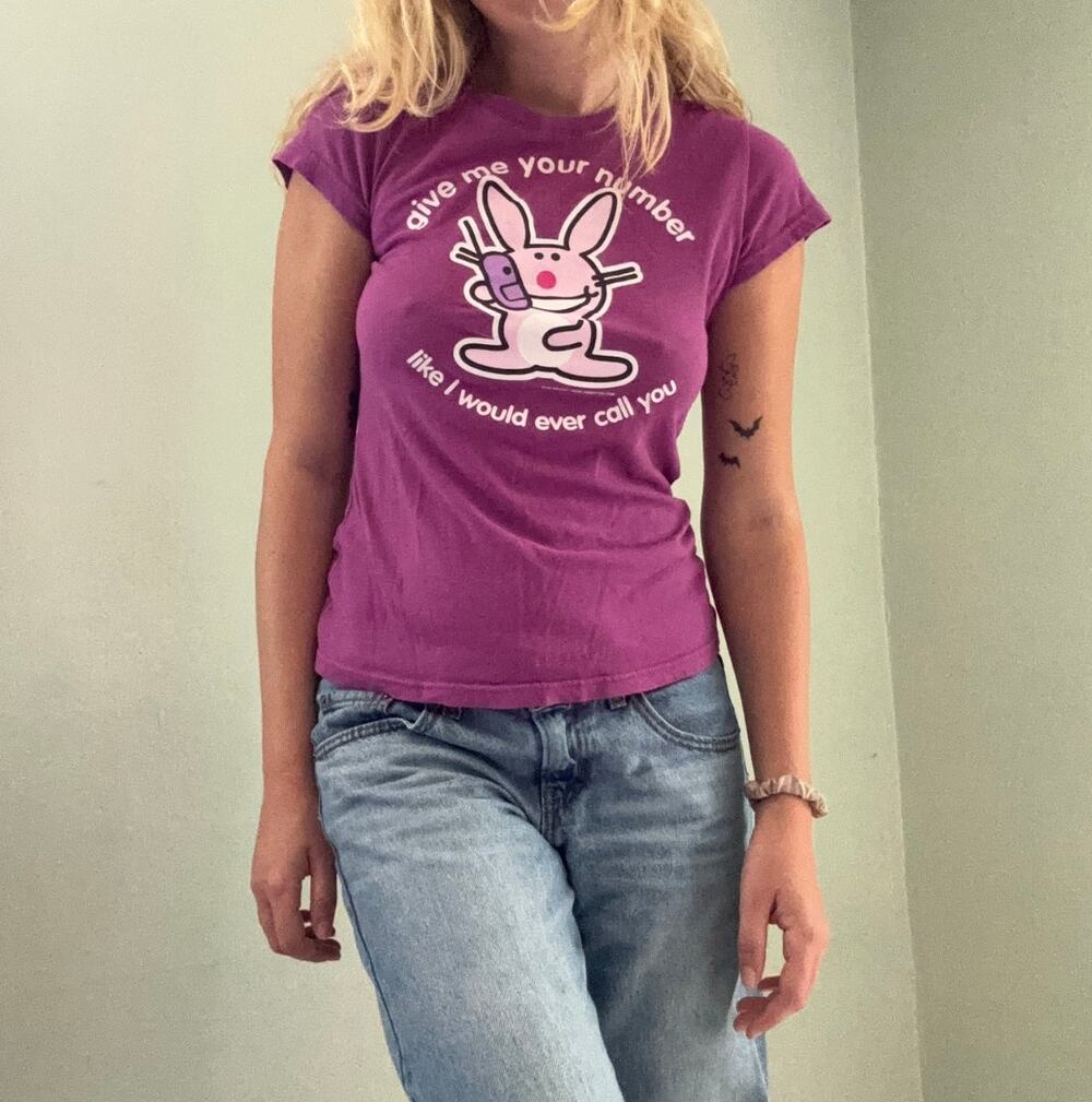 It's Happy Bunny Give Me Your Number T Shirt Purple Size Large Trashy Y2k Slogan